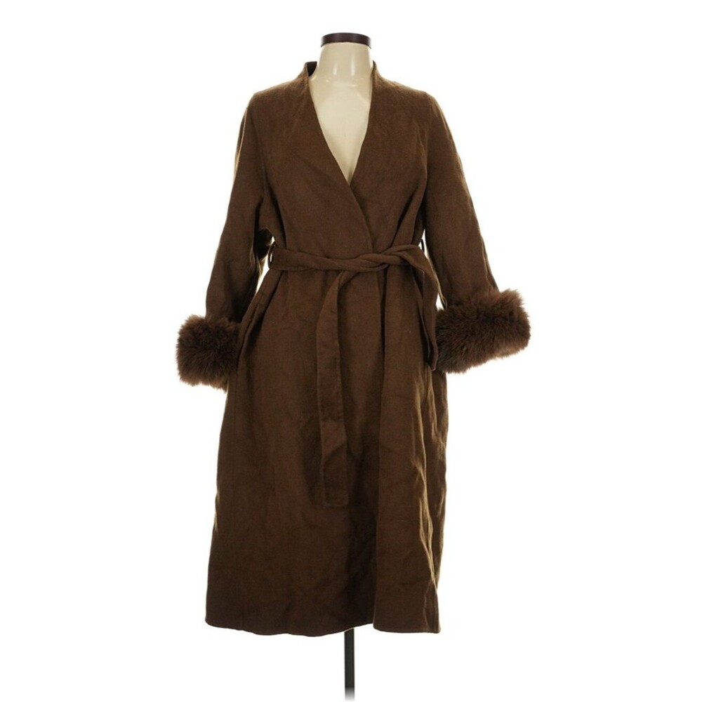 Women’s Brown Wool-Feel Belted Maxi Coat Faux Fur Cuffs Size L